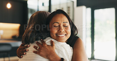 Buy stock photo Friends, women and hug in house for support, good news or emotional connection for understanding. Happy, gratitude or mature people with embrace for congratulations, security or care for relationship