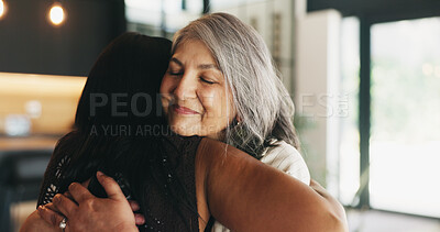 Buy stock photo Friends, mature women and hug in home for support, good news and emotional connection for happiness. Smile, gratitude and people with embrace for congratulations, security and care for relationship