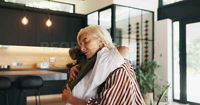 Buy stock photo Friends, women and hug in home for comfort, compassion and emotional connection for understanding. Support, gratitude and mature people with embrace for kindness, reliable and care for relationship