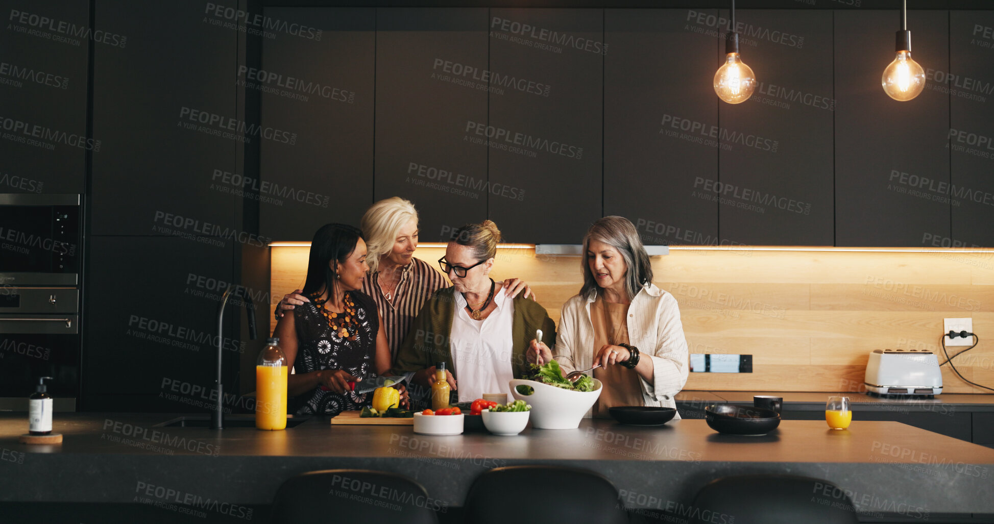 Buy stock photo Home, cooking and women in kitchen, talking and ingredients for recipe, support and reunion. Apartment, happy friends and mature people with salad, conversation and preparation for healthy meal