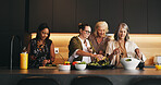 Home, cooking and old women in kitchen, help and ingredients for recipe, talking and social reunion. Apartment, friends and mature people with salad, conversation and preparation for healthy meal