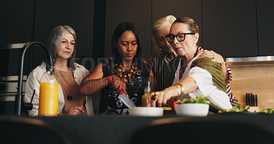Buy stock photo Home, cooking and women in kitchen, help and ingredients for recipe, healthy meal and social reunion. Apartment, friends and mature people with salad, conversation and prep for lunch and diet plan