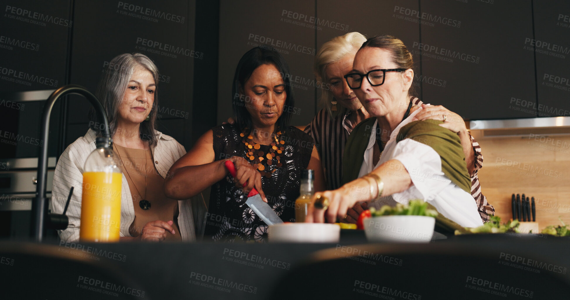 Buy stock photo Home, cooking and women in kitchen, help and ingredients for recipe, healthy meal and social reunion. Apartment, friends and mature people with salad, conversation and prep for lunch and diet plan