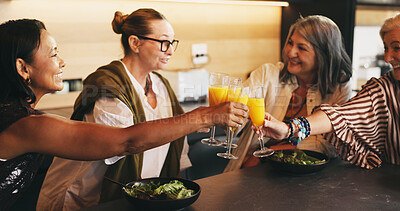 Buy stock photo Drink, smile and toast with senior women in kitchen of home together for bonding or reunion. Alcohol, cheers and mimosa with old people in apartment for celebration, retirement or social gathering