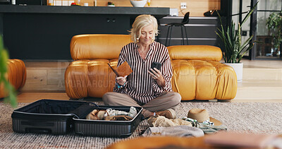Buy stock photo Mature woman, phone and passport with suitcase for online booking, flight schedule or checklist. Female person, travel or packing with mobile smartphone app for holiday, vacation or planning getaway