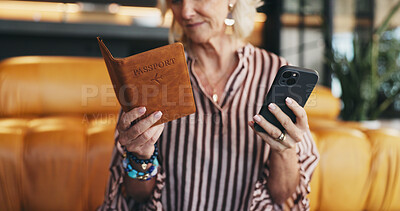 Buy stock photo Woman, hands and phone in house with passport for booking flight, VISA application or travel planning. Mature person, typing or search in home with tech, ID or airline website for international trip.