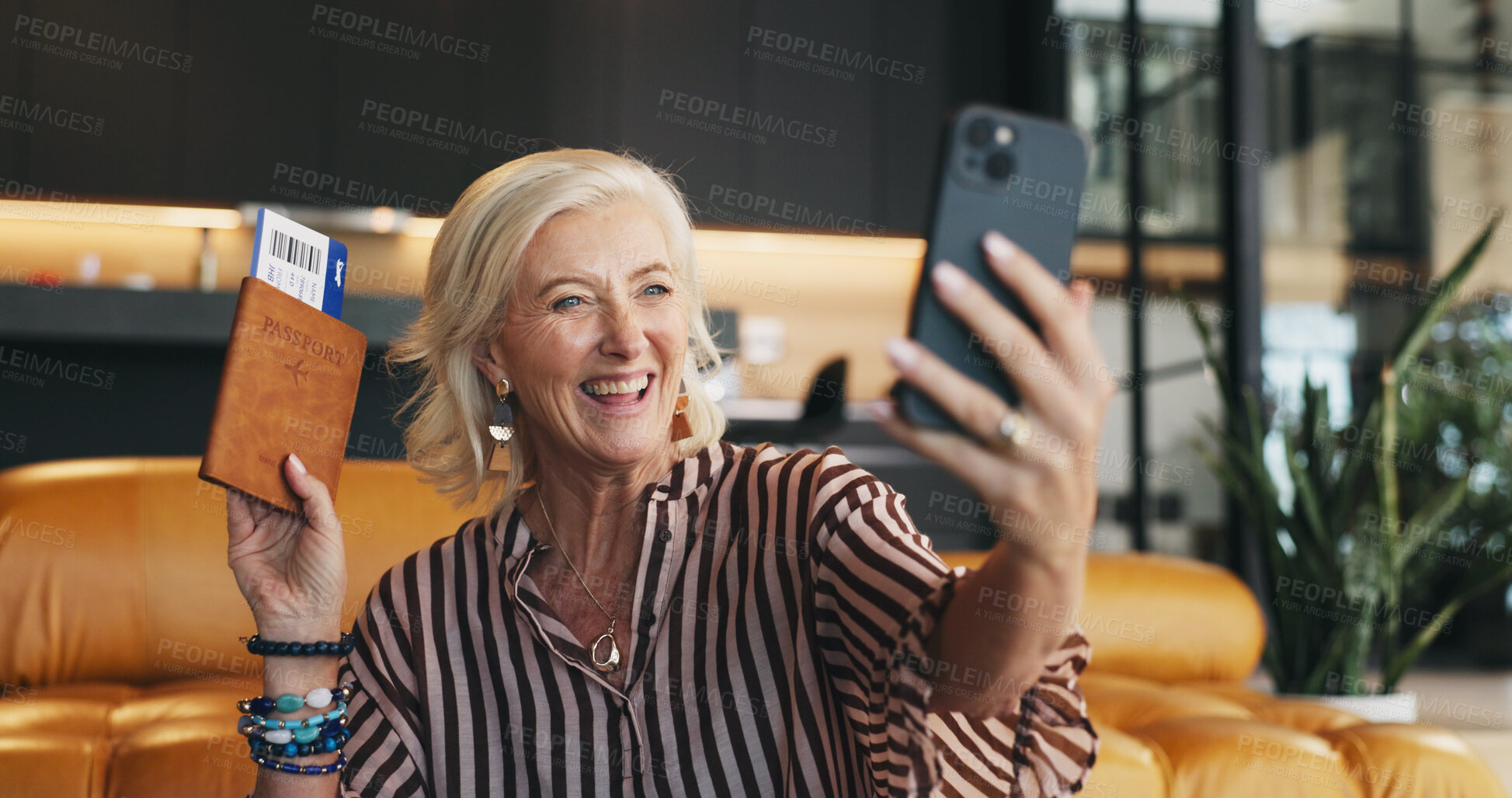 Buy stock photo Mature, happy woman and passport with phone for selfie, travel memory or photography in home. Female person, traveler or smile with mobile smartphone or flight ticket for holiday or vacation picture