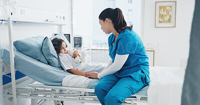 Buy stock photo Woman, child and nurse with patient for health checkup, exam or consultation in clinic. Female person, doctor or pediatrician nursing girl with teddy bear or kid for medical treatment on hospital bed