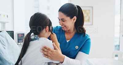 Buy stock photo Comfort, nurse or girl in hospital, help or medical service for recovery treatment, smile or talking. Woman, child patient or kid in clinic, laugh or healthcare with support, wellness or pediatrician