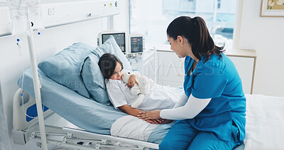 Buy stock photo Woman, nurse and hospital bed with kid for health checkup, or consultation in clinic. Female person, doctor and pediatrician with girl, patient care or teddy bear for medical treatment or appointment