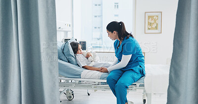 Buy stock photo Woman, kid and nursing patient with teddy bear for health checkup, exam or consultation in clinic. Female person, doctor and pediatrician with care, girl or child for medical treatment or appointment