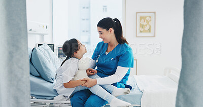 Buy stock photo Woman, child and nurse with patient for health checkup, exam or consultation in clinic. Female person, doctor and pediatrician with girl, teddy bear or kid for medical treatment or appointment