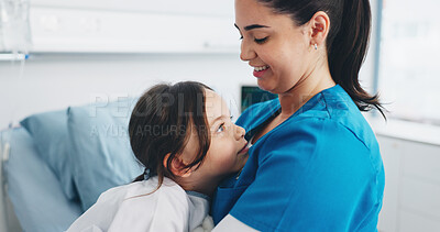 Buy stock photo Happy woman, nurse and hug with child patient for health checkup, exam or consultation in clinic. Female person, doctor and support care with smile, girl or kid for medical treatment or appointment