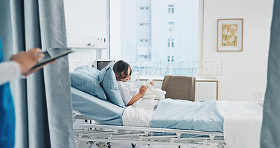 Buy stock photo Bed, healthcare and teddy bear with girl in hospital for healing, medical treatment or recovery. Medicare, pediatrics and wellness with child patient in clinic for comfort, recuperation or rest