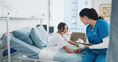 Buy stock photo Woman, nurse or child patient with tablet for health checkup or consultation in clinic. Female person, doctor and support with girl, kid or technology for medical treatment or appointment in hospital