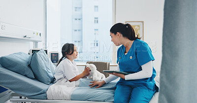 Buy stock photo Tablet, nurse and child in bed with teddy bear for healthcare checkup, recovery and wellness. Sick girl, pediatric worker and tech in clinic for medical care, consultation or support in hospital