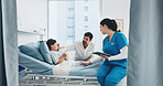 Father, child and visit in hospital bed with nurse, teddy bear or tablet for healthcare discussion. Dad, daughter and support in clinic with medical worker, tech or conversation for recovery checkup.