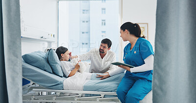 Buy stock photo Father, child and visit in hospital bed with nurse, teddy bear or tablet for healthcare discussion. Dad, daughter and support in clinic with medical worker, tech or conversation for recovery checkup.