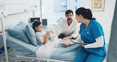 Buy stock photo Child, support and nurse with tablet, hospital and woman with test results on website or healthcare. Clinic, medical professional and explaining diagnosis to family, dad and man with care for girl