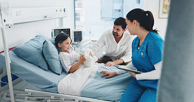 Buy stock photo Happy, child and nurse with tablet, hospital and woman with health report on website, help and care. Healthcare, pediatric and explaining medical diagnosis to family, man and support for daughter