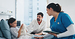 Child, support and dad with nurse, hospital and woman with tablet for diagnosis explanation or help. Sick, girl and listening to healthcare worker with health report, father and man with care for kid