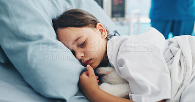 Buy stock photo Sick, sleeping and girl in hospital bed for recovery, healthcare and wellness with rest. Patient, tired and child in clinic, nap and treatment for illness, medical service and comfort with fatigue