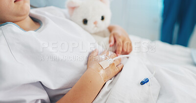Buy stock photo Hands, sick and child with iv drip in hospital bed for medication, hydration and treatment. Kid, teddy bear and liquid infusion for medical recovery, sedation and sleeping with healthcare supplements