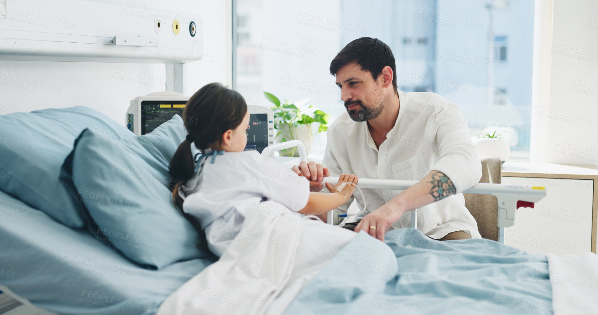 Buy stock photo Sick, child and father visit in hospital bed for support, reassurance and medical recovery. Man, kid and family bonding in pediatric ward, parental compassion and treatment with healthcare services