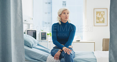 Buy stock photo Mature woman, thinking or waiting on hospital with worry, contemplation or appointment for test results. Person, reflection or concern in medical clinic for disease diagnosis, consultation or checkup