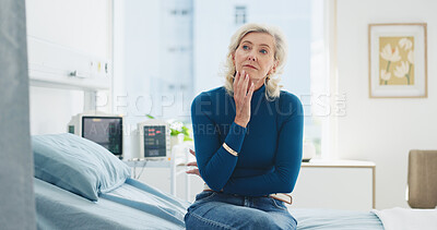 Buy stock photo Mature woman, reflection or waiting on hospital with worry, contemplation or appointment for test results. Person, thinking or concern in medical clinic for disease diagnosis, consultation or checkup