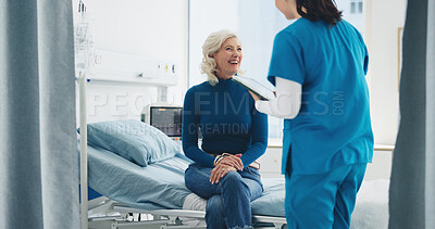 Buy stock photo Patient, nurse and smile in hospital with tablet, consultation chat and good news for test results. Mature person, healthcare worker and talk in clinic with medical update, recovery feedback or tech.