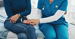 Nurse, patient and holding hands in hospital with support, bad news and compassion for test results. Person, healthcare worker and help in clinic with comfort, kindness and empathy for diagnosis.