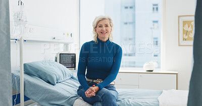 Buy stock photo Portrait, smile and old woman in hospital for healthcare, wellness and recovery on bed. Happy patient, elderly person and waiting in clinic for medical service, appointment and insurance in Canada