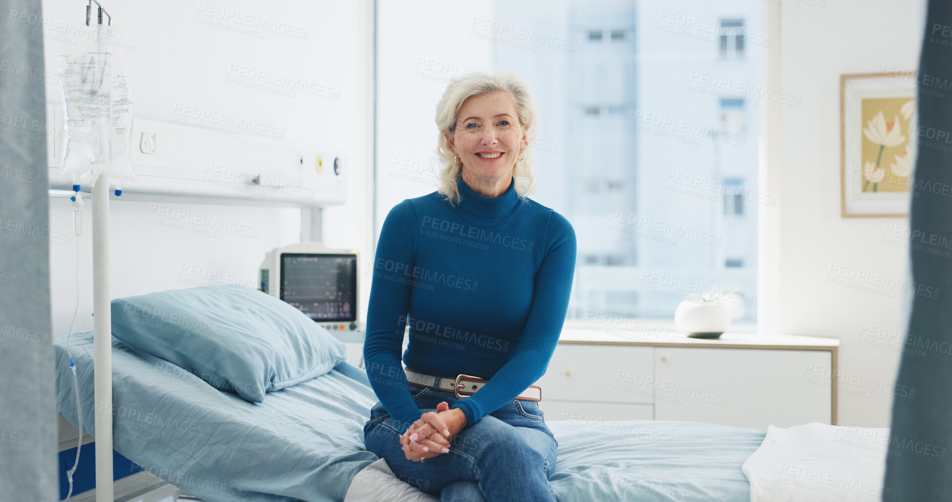 Buy stock photo Portrait, smile and old woman in hospital for healthcare, wellness and recovery on bed. Happy patient, elderly person and waiting in clinic for medical service, appointment and insurance in Canada
