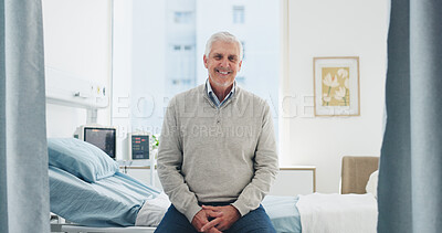 Buy stock photo Portrait, smile and old man in hospital for healthcare, wellness and recovery on bed. Happy patient, elderly person and waiting in clinic for medical service, appointment and insurance in USA