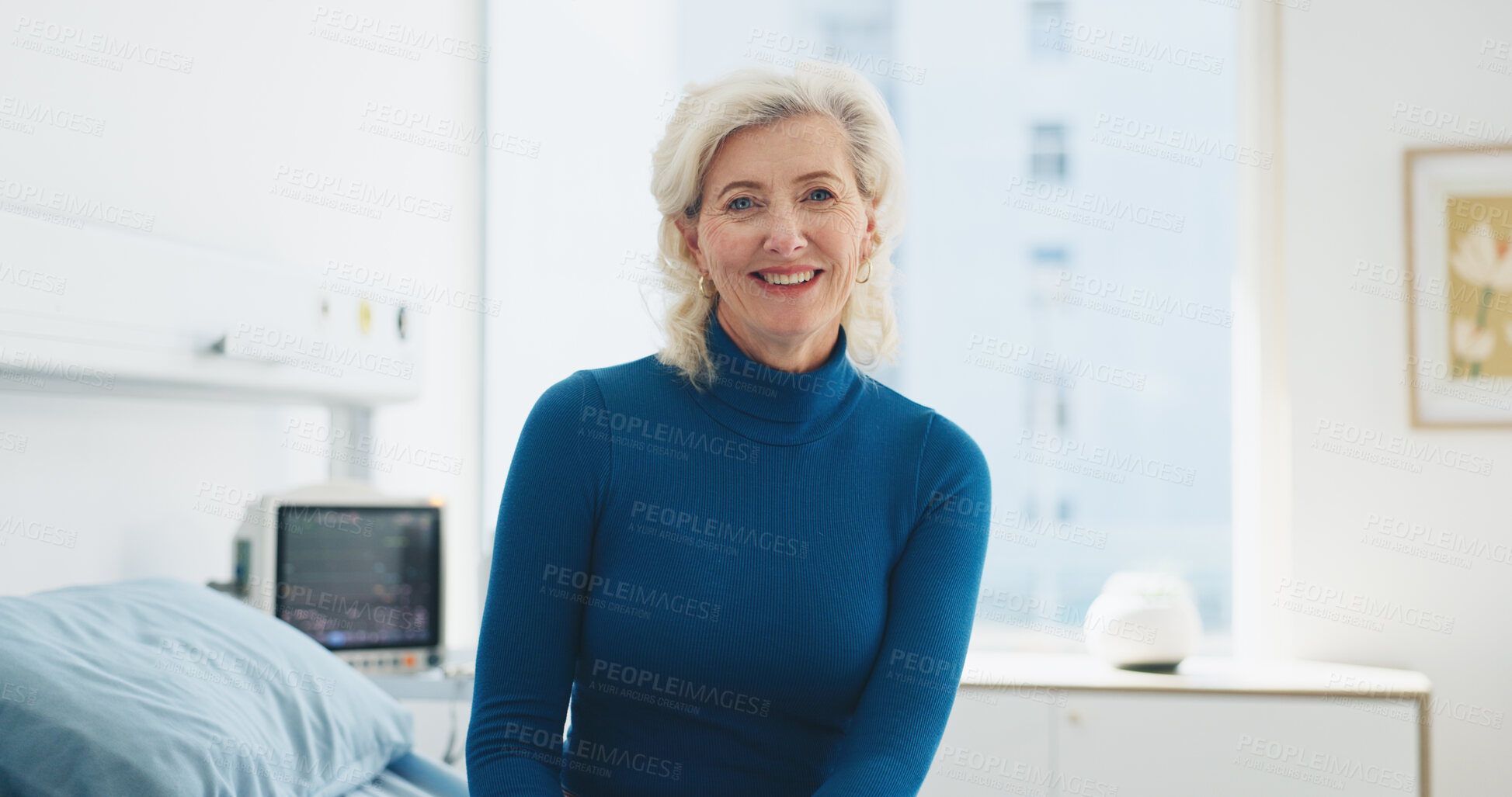 Buy stock photo Portrait, smile and senior woman in hospital for healthcare, wellness and recovery on bed. Happy patient, elderly person and waiting in clinic for medical service, appointment and insurance in Canada