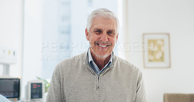 Buy stock photo Portrait, smile and senior man in hospital for healthcare, wellness and recovery on bed. Happy patient, elderly person and waiting in clinic for medical service, appointment and insurance in USA
