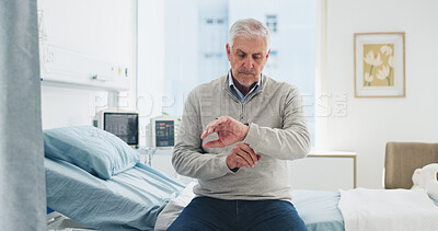 Buy stock photo Medical, waiting and watch with man on hospital bed for appointment, checkup or healthcare. Impatient, late and time delay with mature patient in medicare clinic for treatment, visit or wellness