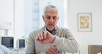 Medical, time and waiting with man on hospital bed for appointment, checkup or healthcare. Impatient, late and watch with mature patient in medicare clinic for treatment delay, visit or wellness