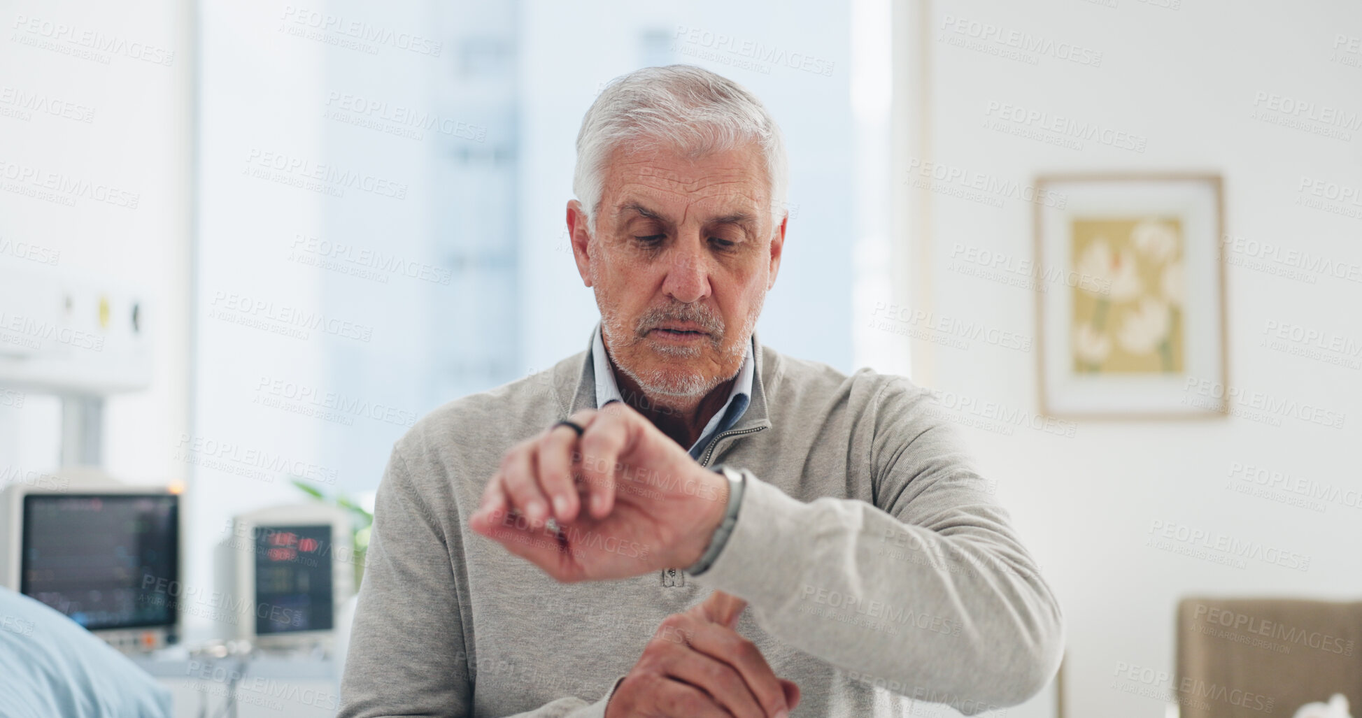 Buy stock photo Medical, time and waiting with man on hospital bed for appointment, checkup or healthcare. Impatient, late and watch with mature patient in medicare clinic for treatment delay, visit or wellness