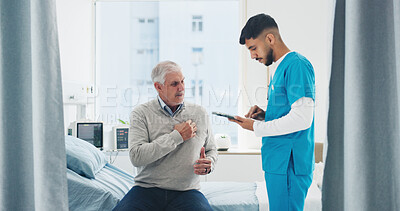 Buy stock photo Nurse, tablet and old man with consultation in hospital for chest pain, chronic condition and help. Retirement health, cardiology and senior patient in checkup for coronary artery and online report