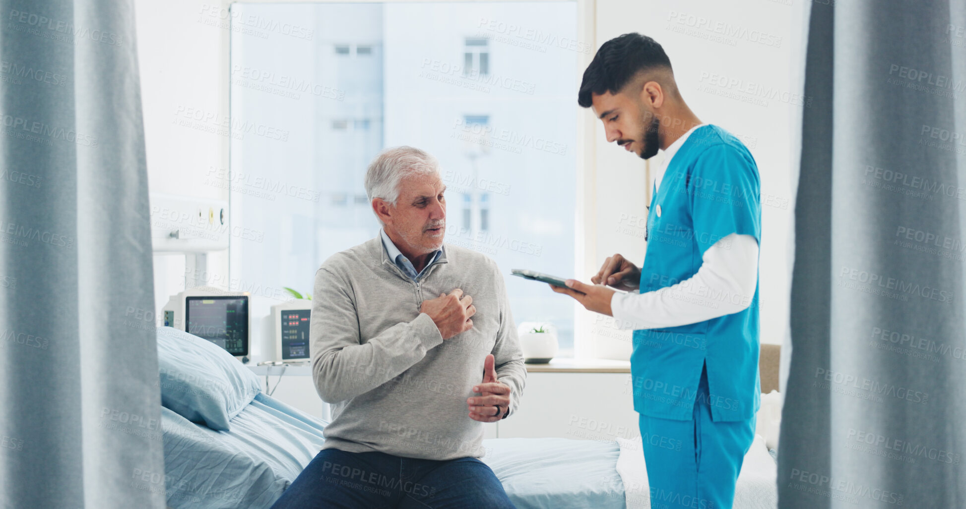 Buy stock photo Nurse, tablet and old man with consultation in hospital for chest pain, chronic condition and help. Retirement health, cardiology and senior patient in checkup for coronary artery and online report