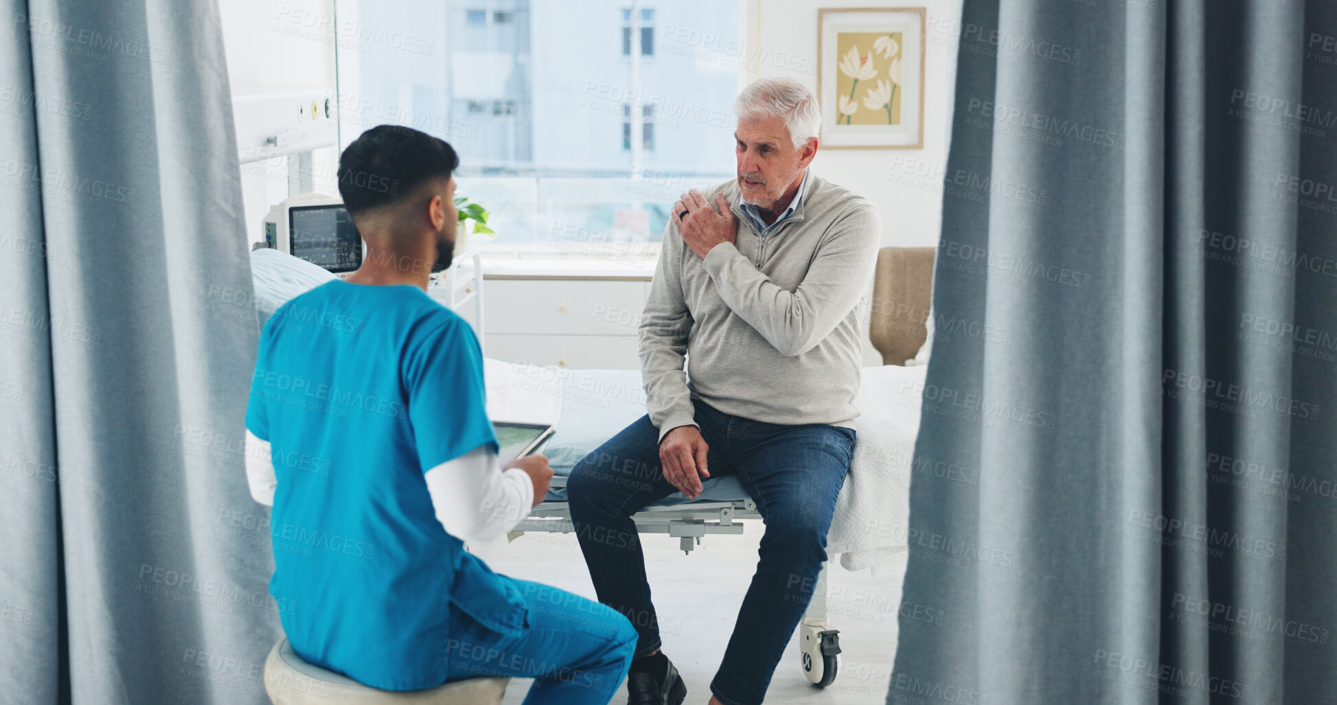 Buy stock photo Nurse, old man or checkup for shoulder pain in clinic with tablet, medical assessment or help. Retirement health, professional and senior patient in consultation for tendinitis diagnosis and healing