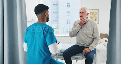 Buy stock photo Nurse, old man or consultation for sore throat in clinic with symptoms, discomfort or medical service. Retirement health, worker or senior patient on hospital bed for tonsillitis diagnosis or checkup