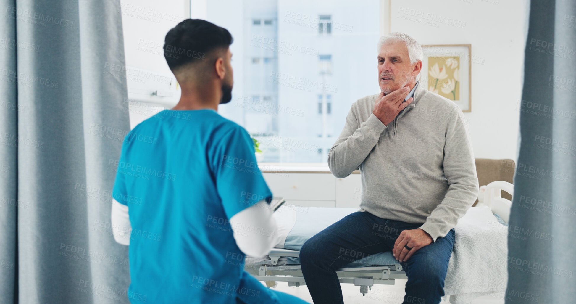 Buy stock photo Nurse, old man or consultation for sore throat in clinic with symptoms, discomfort or medical service. Retirement health, worker or senior patient on hospital bed for tonsillitis diagnosis or checkup