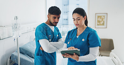 Buy stock photo Tablet, discussion and nurses in hospital with research for medical treatment or medicine planning. Digital technology, people and team of healthcare employees with schedule review in clinic.