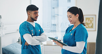 Buy stock photo Tablet, conversation and nurses in hospital with research for medical treatment or medicine planning. Digital technology, people and team of healthcare employees with schedule review in clinic.