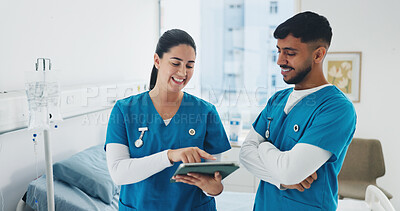 Buy stock photo Tablet, discussion and nurses in clinic with research for medical treatment or medicine planning. Digital technology, people and team of healthcare employees with schedule review in hospital.