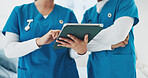 Hands, healthcare and tablet with nurses in hospital for feedback, planning or review of information. App, communication and meeting with medical professionals in clinic for report or update