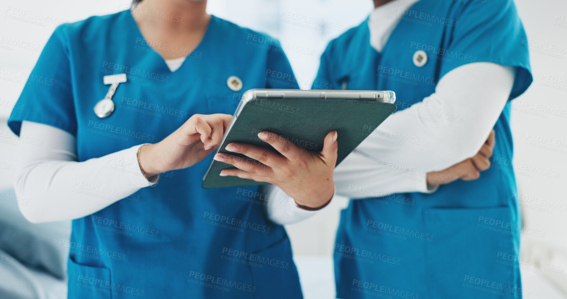 Buy stock photo Hands, healthcare and tablet with nurses in hospital for feedback, planning or review of information. App, communication and meeting with professional medical people in clinic for report or update